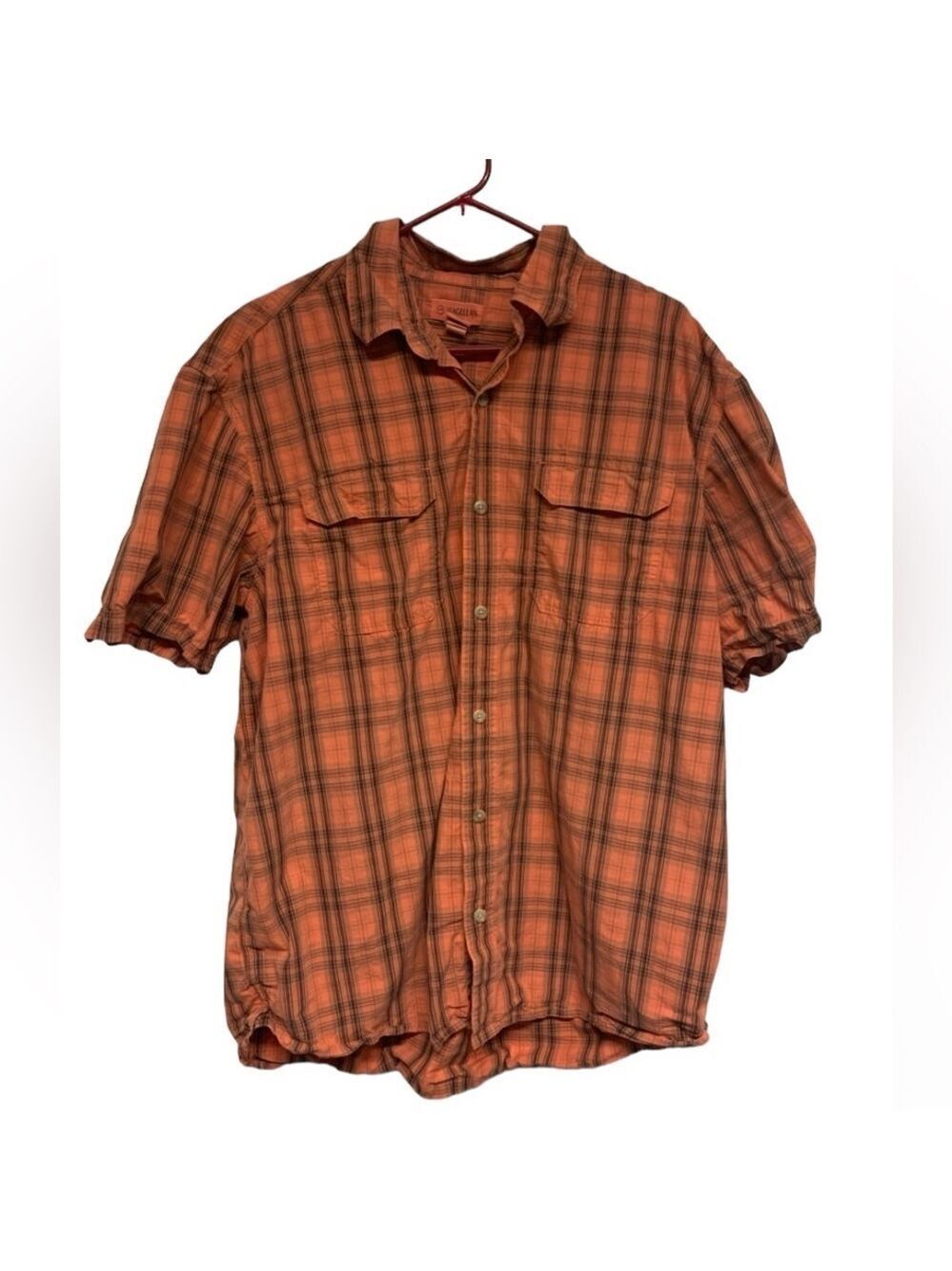 Magellan Outdoors men short sleeve orange black plaid casual button down size XL
